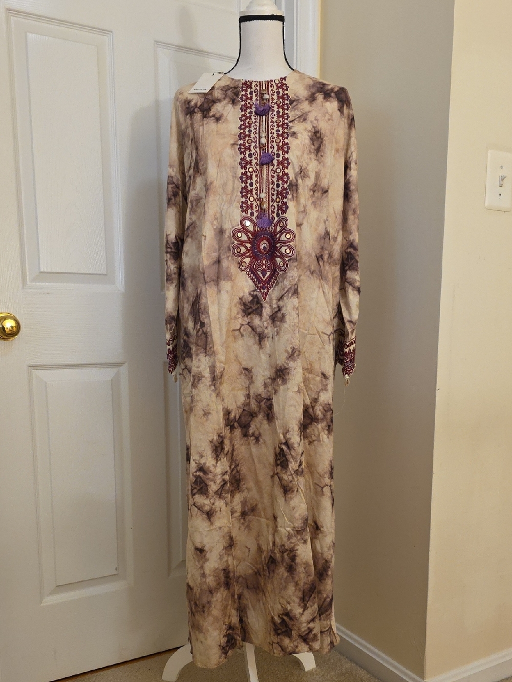 NWT Sapphire Long Embroidered Tie-Dye Kurta Kaftan Maxi Dress - Beige Purple M L
